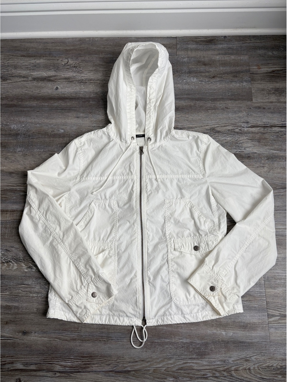 J.Crew White Hooded Utility Jacket Lightweight Zip Front Women’s L Approx